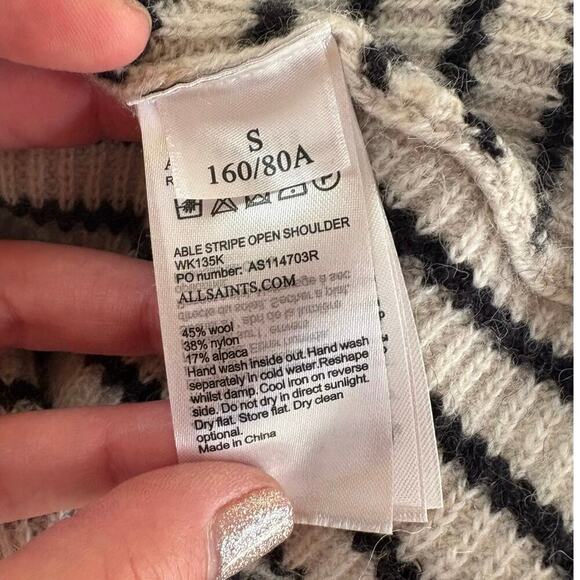 ALLSAINTS Wool/Alpaca Able Open Cold Shoulder Striped Asymmetrical Sweater - S - Picture 9 of 9